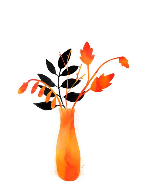 Photo feuilles d'automne dans un vase orange. illustration minimaliste à l'aquarelle pour les conceptions d'automne.