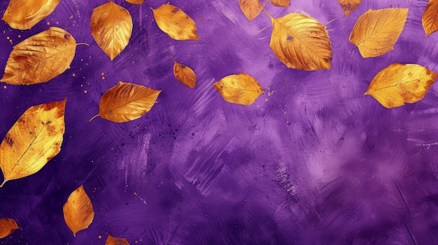 Des feuilles d'automne dorées sur un fond violet
