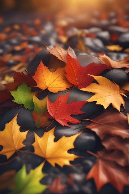 Des feuilles d'automne sur un fond de cailloux noirs rendu en 3D