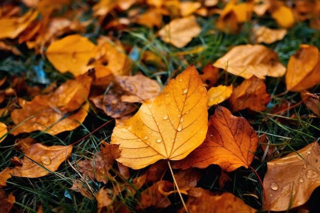 Feuilles d'automne de fond sur l'herbe verte Generative AI