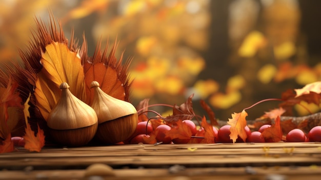 feuilles d'automne et glands sur une table en bois