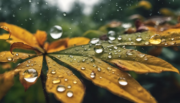 Des feuilles d'automne avec des gouttes de pluie