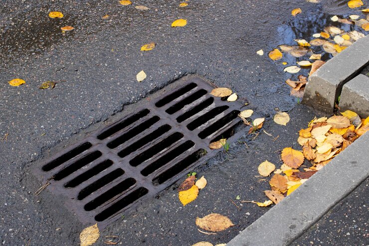 Feuilles d'automne jaunes sur la grille d'égout sur la route