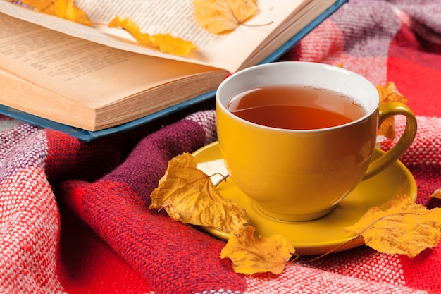 Feuilles d'automne, livre et tasse de thé