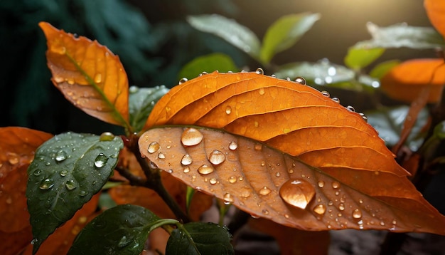 Des feuilles d'automne orange et vertes avec des gouttes d'eau