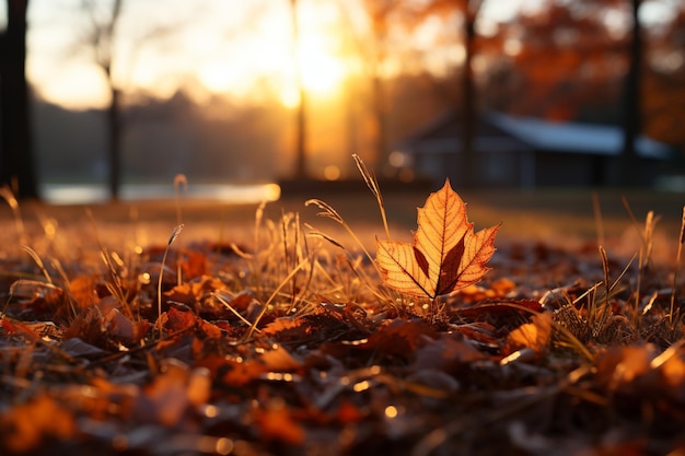 Les feuilles d'automne ornent l'herbe embrassée par le soleil, créant une scène matinale magnifiquement tonique