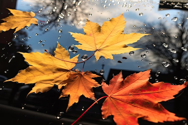 Les feuilles d'automne ornent le pare-brise de la voiture sous la pluie