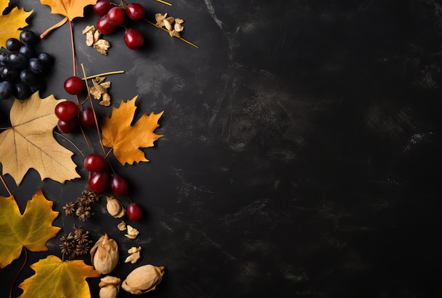 feuilles d'automne, raisins et épices disposés sur fond noir dans le style d'arrière-plans minimalistes