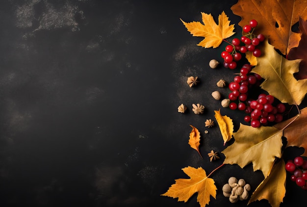 feuilles d'automne, raisins et épices disposés sur fond noir dans le style d'arrière-plans minimalistes