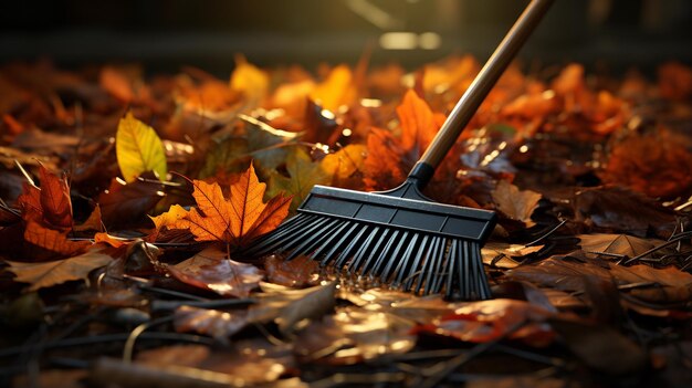 Photo des feuilles d'automne avec un râteau