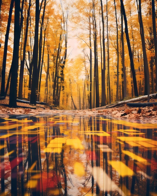 feuilles d'automne reflétées dans une flaque d'eau dans une forêt