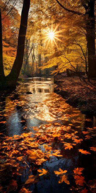 Photo les feuilles d'automne reflètent la lumière du soleil dans la forêt