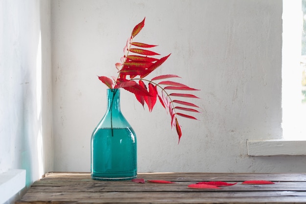 Feuilles d'automne rouge dans un vase en verre sur une table en bois sur une surface blanche