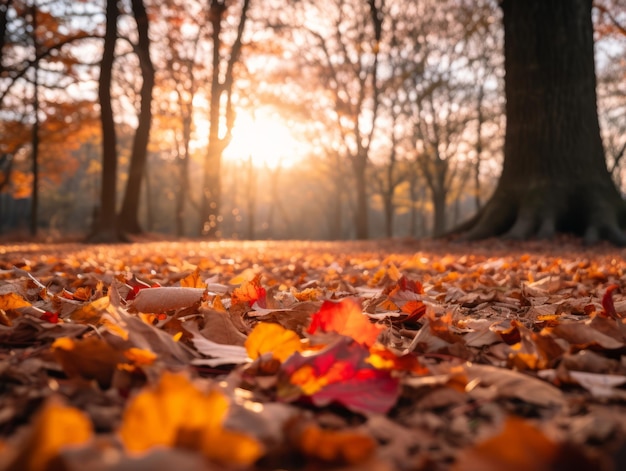 feuilles d'automne sur le sol dans une forêt au coucher du soleil