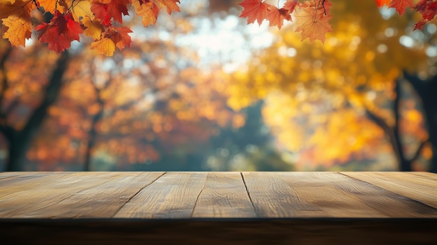 Les feuilles d'automne et la table en bois créent un environnement extérieur tranquille dans un parc pendant l'heure d'or.