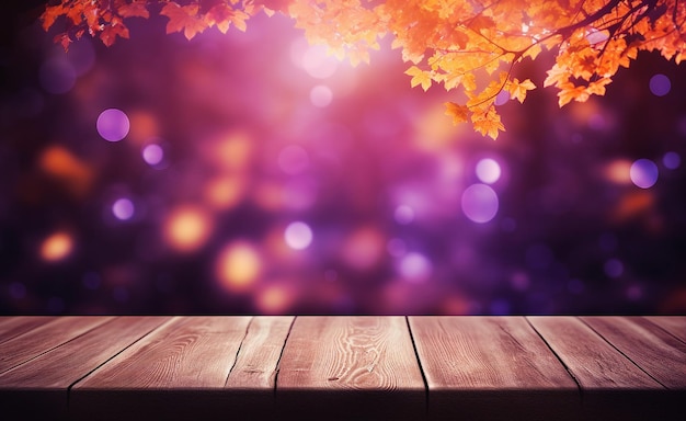 Feuilles d'automne de table en bois vierge avec fond violet