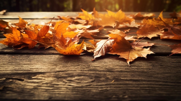 Feuilles d'automne sur une table en bois