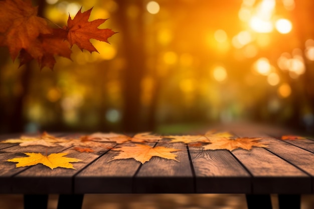 Feuilles d'automne sur une table dans le parc