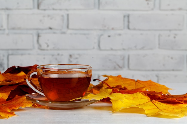 Feuilles d'automne et tasse de thé fumante chaude