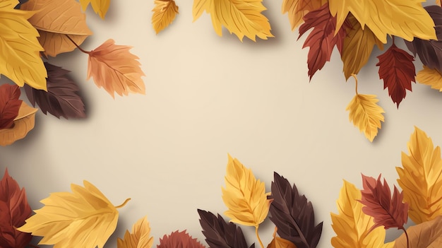 Feuilles d'automne tombées multicolores sur cadre de fond clair avec espace de copie Illustration IA générative