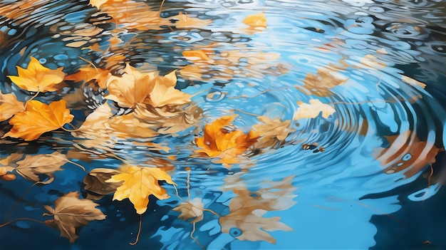 les feuilles d'automne tombent et flottent l'eau bleue en gros plan petite ondulation d'eau hyper réaliste