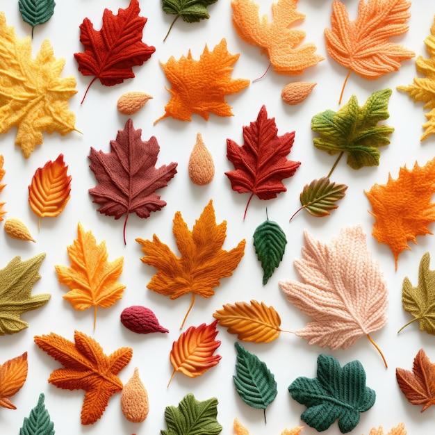 Des feuilles d'automne à tricot hyper réalistes embracent la beauté des couleurs de l'automne sur un fond blanc