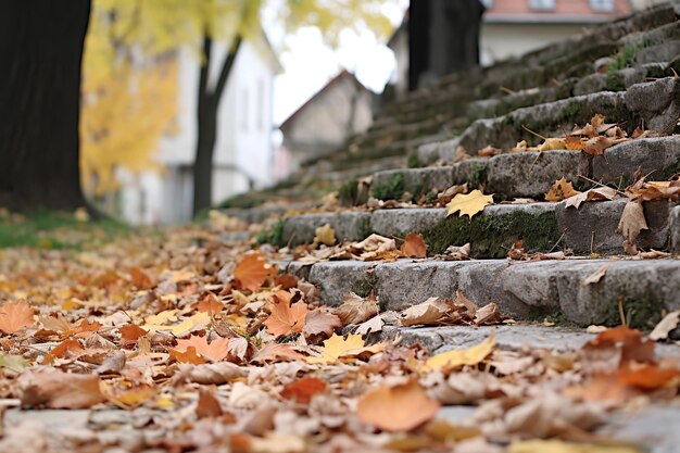 Feuilles d'automne sur de vieilles marches en pierre