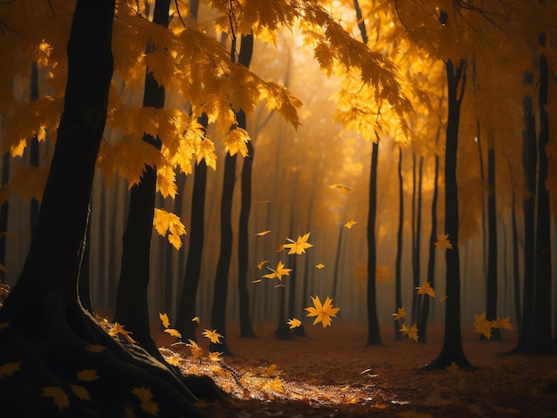 Les feuilles d'automne volantes sur le fond de la forêt d'hiver l'espace de copie de l'heure d'or