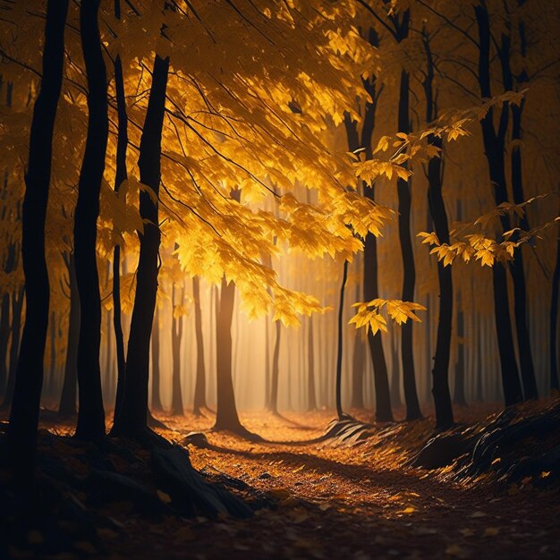 Les feuilles d'automne volantes sur le fond de la forêt d'hiver l'espace de copie de l'heure d'or
