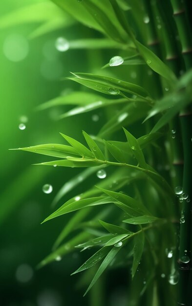 Les feuilles de bambou en gros plan avec des gouttes d'eau