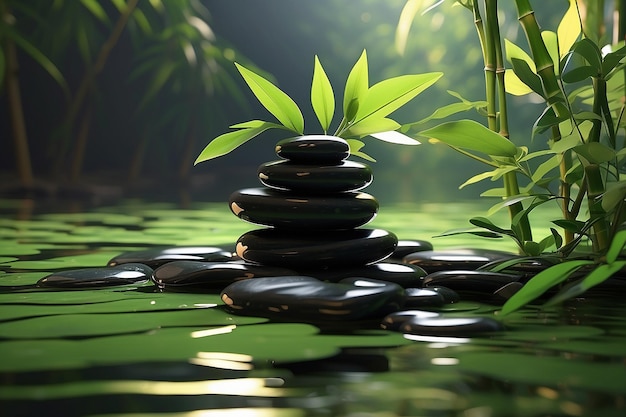 Photo les feuilles de bambou s'empilent, les pierres noires de zen reflétant l'eau.