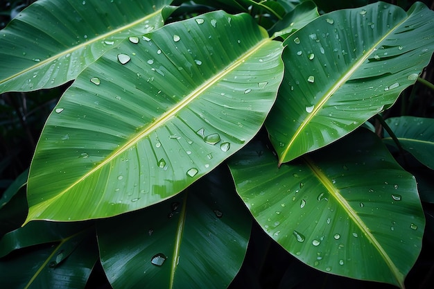 Des feuilles de banane avec des gouttes d'eau