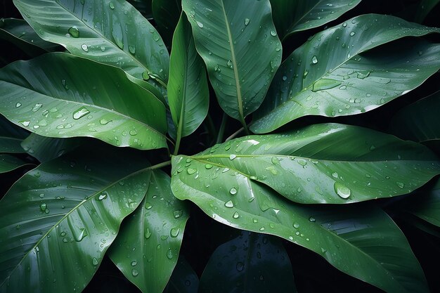 Des feuilles de banane avec des gouttes d'eau