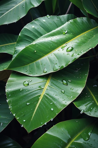 Des feuilles de banane avec des gouttes d'eau