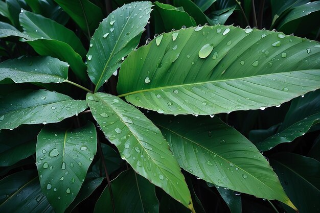 Des feuilles de banane avec des gouttes d'eau