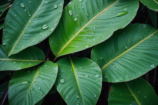 Des feuilles de banane avec des gouttes d'eau