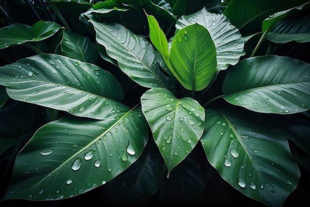 Des feuilles de banane avec des gouttes d'eau