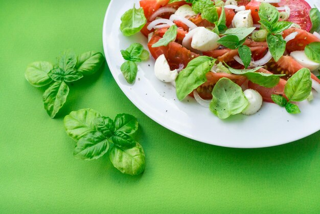 Feuilles de basilic et salade de tomates avec mozzarella sur fond vert clair