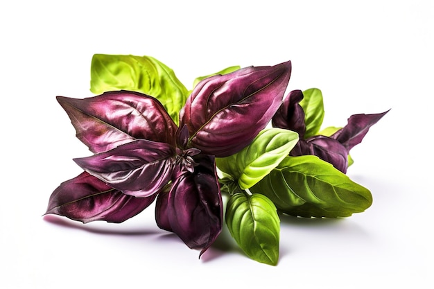 Feuilles de basilic vert avec chemins de détourage pleine profondeur de champ Feuilles d'herbes de basilic rouge frais isolées sur fond blanc Basilic opale foncé violet Focus stacking générer ai