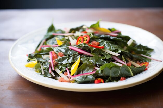 Feuilles de blettes arc-en-ciel utilisées pour préparer une salade de trois haricots