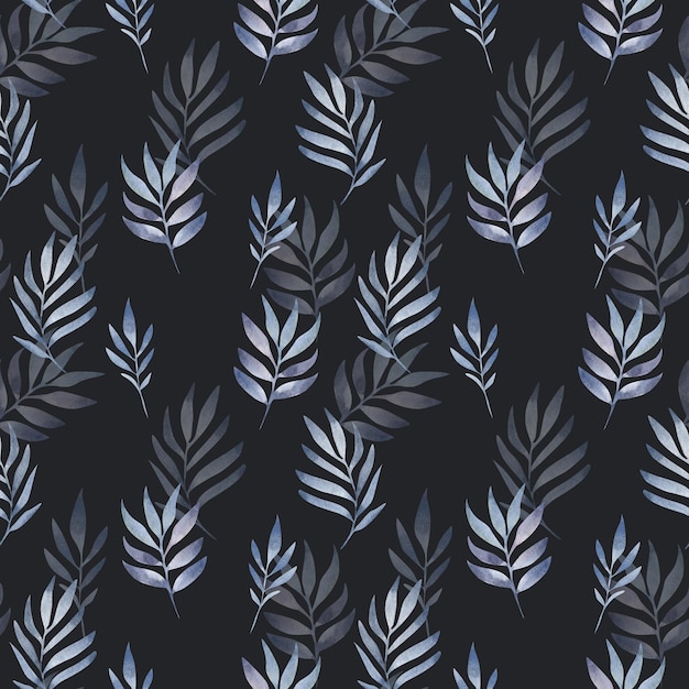 Des feuilles bleues à l'aquarelle sur un fond noir Motif abstrait