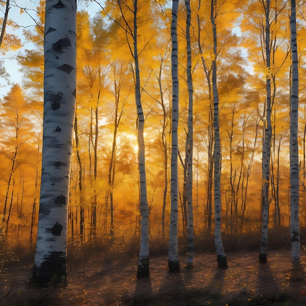 Feuilles de bouleau contre le coucher du soleil dans la forêt AI générée