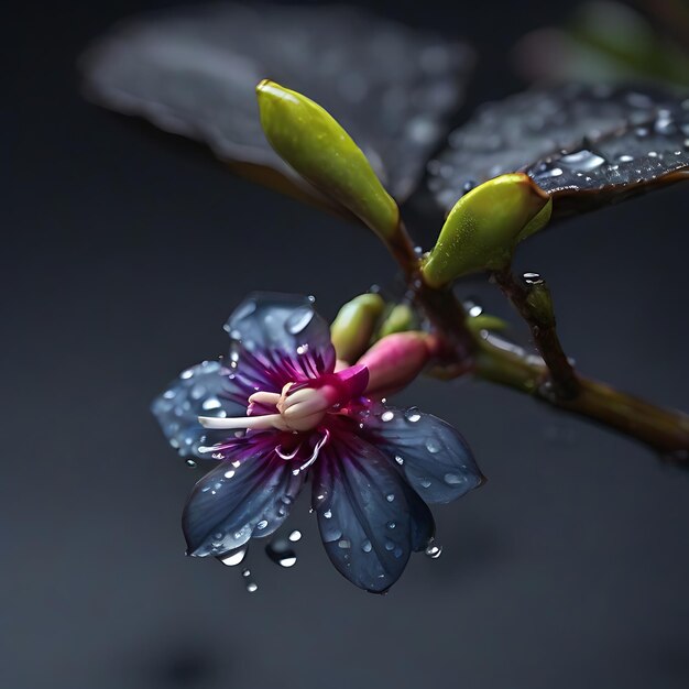 feuilles sur une branche brun foncé avec des gouttelettes d'eau reflétant la lumière