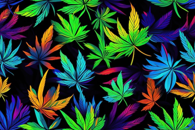 feuilles de cannabis sur un fond de texture psychédélique sans couture lumineux