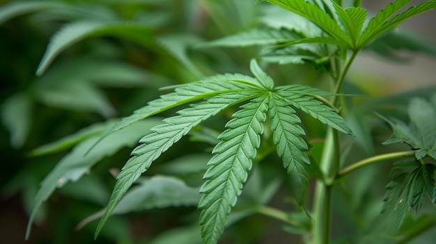 Les feuilles de cannabis d'une plante sur un fond sombre mise au point sélective IA générative