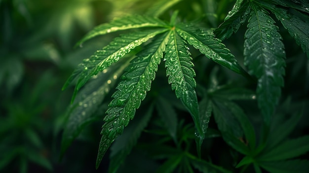 Les feuilles de cannabis d'une plante sur un fond sombre mise au point sélective IA générative