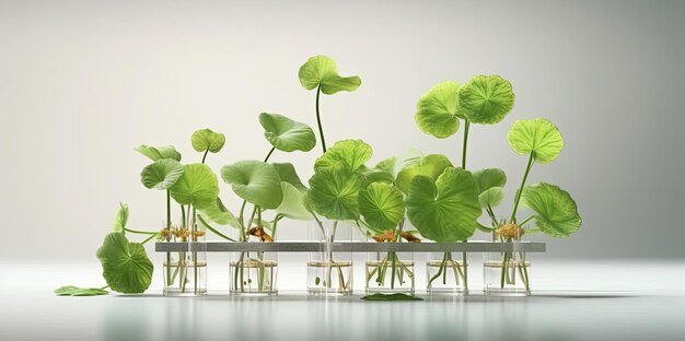 Photo les feuilles de centella asiatica dans des tubes d'essai biologiques