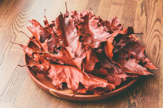 Feuilles de chêne rouge dans une assiette en bois sur une table