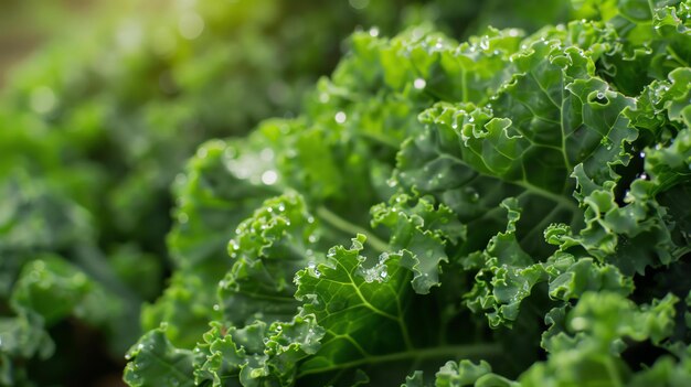 Les feuilles de chou vert frais sont couvertes de rosée du matin, l'arrière-plan est flou, l'image est prise à la lumière naturelle.