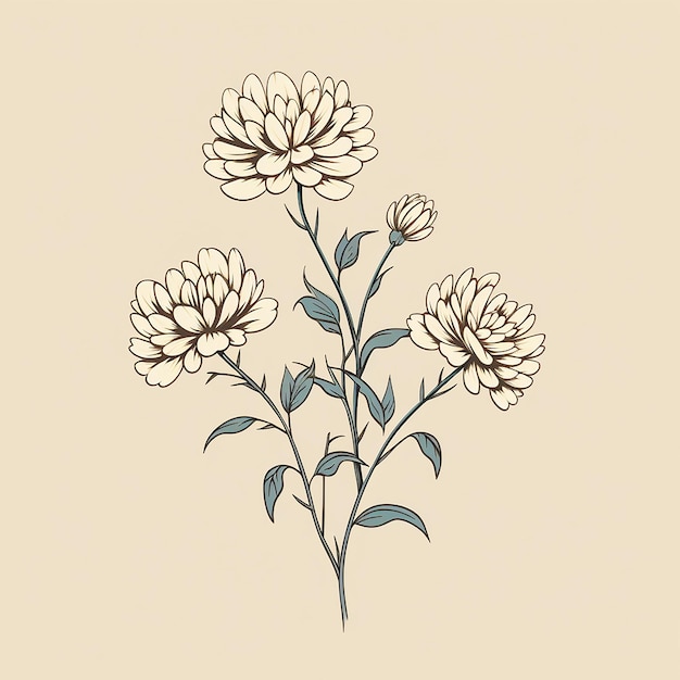 Photo feuilles de chrysanthème d'art au trait minimal avec des lignes courbes délicates